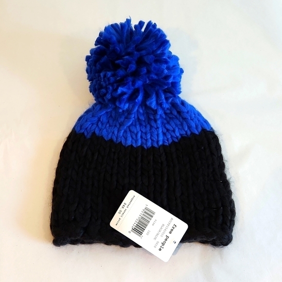Free People Cozy Up Color Block Pom Beanie, Black/Blue - Picture 2 of 2